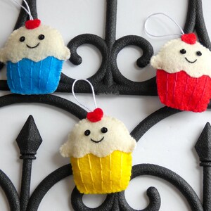 Handmade Cupcake Felt Ornaments - Set of 3 - Red, Blue, Yellow ...