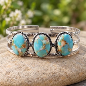 Armband med ädelstenar i statement-stil, armband i grovt sterlingsilver med djärvt tryck, cocktail-bohemiska smycken med tre stenar, julklapp till mormor