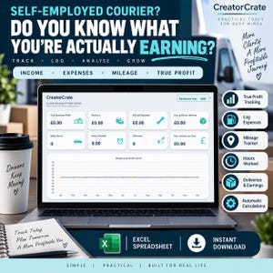 May include: A laptop displaying the CreatorCrate courier earnings and profit tracker dashboard. The screen shows fields for true business profit, revenue, vehicle expenses, and mileage. A white coffee cup with the text Drivers Keep Moving sits nearby.