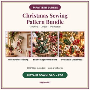 Pacchetto di modelli di cucito natalizi: calza patchwork, angelo in tessuto, ornamento a forma di stella di Natale (PDF)