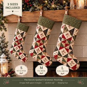 Naaipatroon voor een kerstsok (PDF), patchwork- en quiltpatroon voor een kerstsok in 3 maten, quiltpatroon met halve vierkante driehoeken, kerstdecoratie