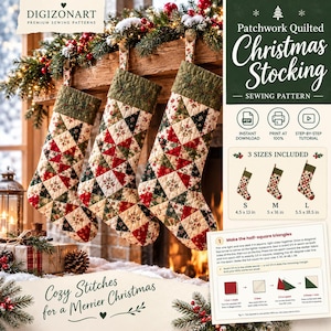 Christmas Stocking Sewing Pattern PDF, Patchwork Quilted Stocking Pattern 3 Sizes, Half Square Triangle Quilt Pattern, Holiday Decor