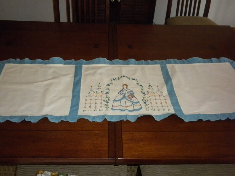 vintage dresser scarf table runner homemade panels Hand Embroidery Victorian Maiden floral arches hoop skirt blue ruffles cottage chic