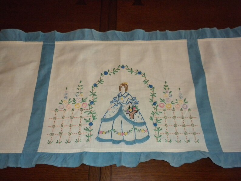 vintage dresser scarf table runner homemade panels Hand Embroidery Victorian Maiden floral arches hoop skirt blue ruffles cottage chic