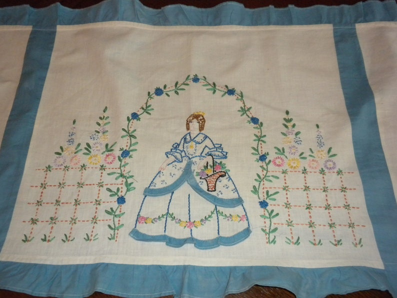 vintage dresser scarf table runner homemade panels Hand Embroidery Victorian Maiden floral arches hoop skirt blue ruffles cottage chic