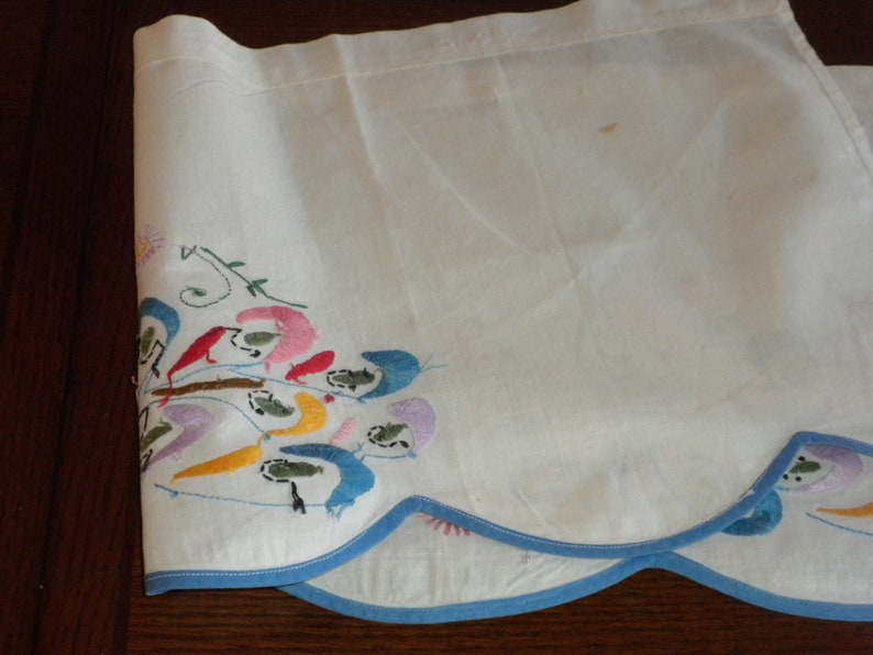 Vintage curtain valance embroidered satin stitch Peacocks blue border blue pink gold lavender flowers 33 x 10