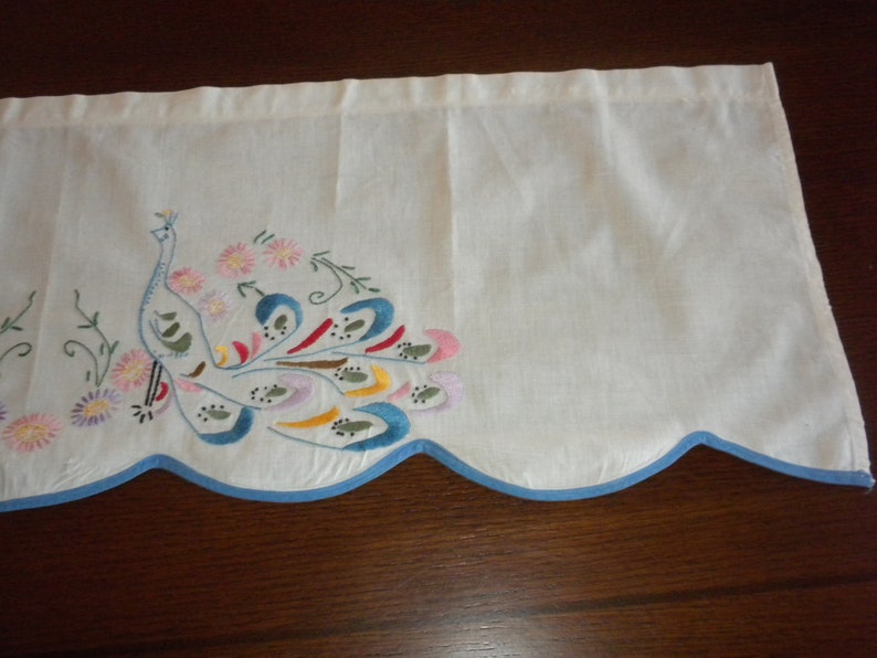 Vintage curtain valance embroidered satin stitch Peacocks blue border blue pink gold lavender flowers 33 x 10