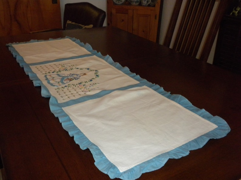 vintage dresser scarf table runner homemade panels Hand Embroidery Victorian Maiden floral arches hoop skirt blue ruffles cottage chic