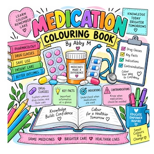 May include: A Medication Colouring Book by Abby M featuring illustrations of a pill bottle, stethoscope, medication blister packs, a clipboard with checklists, stacked books, and an open book with the text Knowledge Builds Confidence.