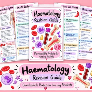 May include: A digital educational poster titled Haematology Revision Guide for nursing students. The design features illustrations of red blood cells, white blood cells, a test tube with blood, and bone marrow, set against a light pink background.