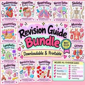 Puede incluir: Un paquete de guías de revisión digitales para estudiantes de enfermería con diez carteles educativos coloridos. Cada cartel ilustra un sistema del cuerpo humano, incluyendo cardiovascular, digestivo, respiratorio, nervioso, esquelético, integumentario, muscular, linfático, urinario, endocrino, reproductivo y hematológico.