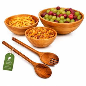 Mango Wood Salad Bowl Set of 3, Wooden Serving Bowls with Utensils, Fruit & Snack Bowls