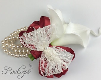 CHOOSE RIBBON COLOR - White Calla Lily Corsage, Ivory Calla Lily Corsage, Real Touch Calla Lily, Lace, Pearl, Mother of the Bride, Groom