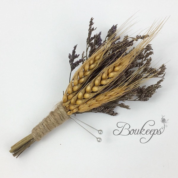Wheat & Statice Boutonniere, Dried Wheat and Statice Boutonniere, Wheat Wedding, Dried Wheat, Rustic Wedding, Twine, Sea Lavender