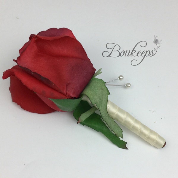 CHOOSE RIBBON COLOR - Rose Boutonniere, Rosebud Boutonniere, Red Rose Boutonniere, Red Rosebud Boutonniere, Red Real Touch Rose Boutonniere