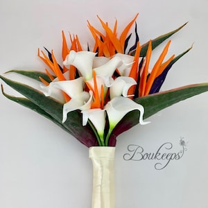 CHOOSE RIBBON COLOR - Birds of Paradise and White Calla Lily Bridal Bouquet, Real Touch Wedding Bouquet, Beach Wedding, Tropical Wedding