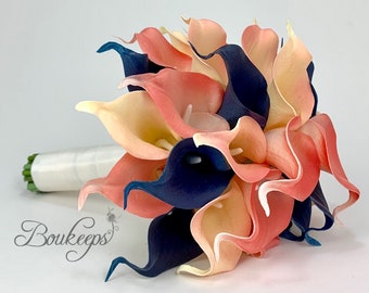 CHOOSE RIBBON COLOR - Coral, Blush and Navy Blue Calla Lily Bouquet, Real Touch Calla Lily Bouquet, Bridal Bouquet, Wedding Bouquet, Blush