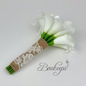 Choose Calla Lily Color - White Ivory Calla Lily Bouquet with Burlap and Ivory Lace, Calla Lily Bridal Bouquet, Bridesmaid, Wedding, Pearls
