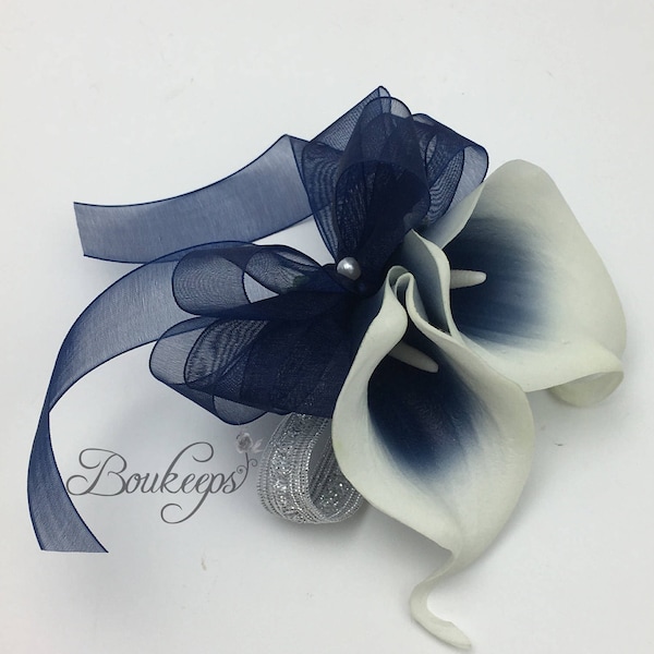 CHOOSE RIBBON COLOR - Navy Blue Calla Lily Corsage, Navy Blue Corsage, Picasso Navy Blue Corsage, Wedding, Prom, Navy Blue Wedding