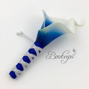 CHOOSE RIBBON COLOR - Real Touch Royal Blue Calla Lily Boutonniere, Picasso Royal Blue Boutonniere, Groom, Groomsmen, Wedding Boutonniere