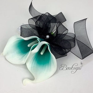 CHOOSE RIBBON COLOR - Teal and White Calla Lily Corsage, Teal Corsage, Picasso Teal Corsage, Wedding, Prom, Teal Wedding, Pearls, Wristlet