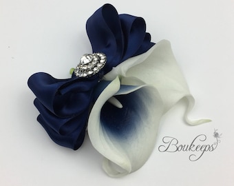 CHOOSE RIBBON COLOR - Navy Blue Calla Lily Corsage, Calla Lily Corsage, Navy Blue Corsage, Picasso Navy Blue Corsage, Bling, Diamond, Brooch