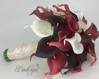 CHOOSE RIBBON COLOR - Burgundy, White, Ivory Calla Lily Bouquet, Real Touch Burgundy Calla Lily Bouquet, Burgundy Bouquet, Burgundy Wedding