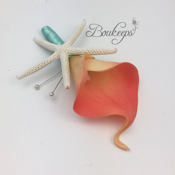 Choose Calla Lily & Ribbon Color - Starfish Boutonniere, Pink Coral Calla Lily Boutonniere, Starfish, Beach Wedding, Destination Wedding