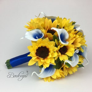 Choose Calla Lily & Ribbon Color—Sunflower Bouquet, Sunflower and Calla Lily Bouquet, Bridal Bouquet, Sunflower Wedding, Picasso Royal Blue