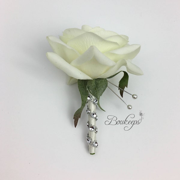 CHOOSE RIBBON COLOR - White Rose Boutonniere, Ivory Rose Boutonniere with Rhinestones, Bling, Groom, Groomsmen, Bling, Silver, Real Touch