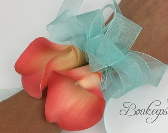 CHOOSE RIBBON COLOR - Pink Coral Calla Lily Corsage, Coral Corsage, Coral Wedding, Prom, Coral and Aqua, Pin-On Corsage, Coral Wristlet