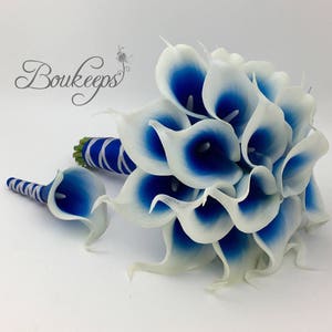 Royal Blue Bridal Bouquet, Royal Blue Bouquet, Real Touch Picasso Royal Blue Calla Lily Bouquet and Boutonniere with Royal Blue, Silver