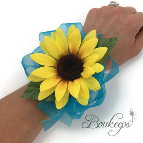 CHOOSE RIBBON COLOR - Sunflower Corsage, Sunflower Wedding, Silk Sunflower Corsage, Mother of the Bride, Groom, Wristlet, Prom, Fall, Autumn