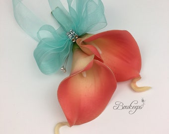 CHOOSE RIBBON COLOR - Pink Coral Calla Lily Corsage, Coral Corsage, Pin Corsage, Wedding, Prom, Bling, Rhinestone, Real Touch Calla Lily