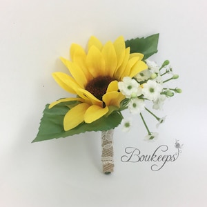 Sunflower and Baby&#39;s Breath Boutonniere with Burlap and Ivory Lace, Silk Sunflower Boutonniere, Sunflower Wedding, Rustic Wedding, Country