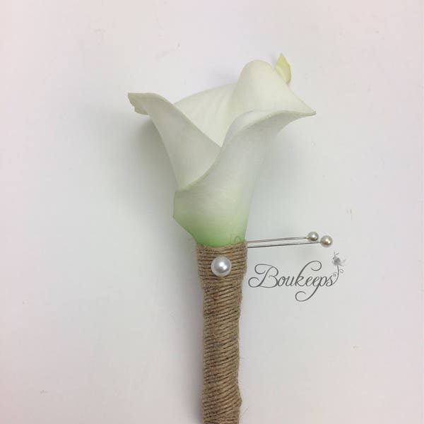 Choose Calla Lily & Ribbon Color - White Calla Lily and Pearl Boutonniere, Real Touch Calla Lily Boutonniere, White Calla Lily, White Pearl