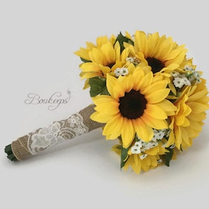 CHOOSE RIBBON COLOR - Sunflower & Baby&#39;s Breath Bridal / Bridesmaid Bouquet with Burlap and Ivory Lace, Sunflower Bouquet, Sunflower Wedding