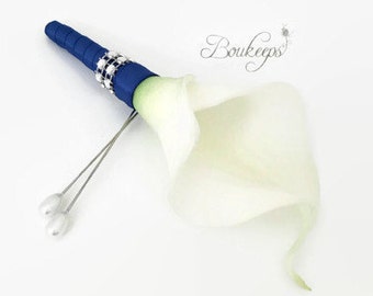 CHOOSE RIBBON COLOR - Calla Lily Boutonniere, White Ivory Calla Lily Boutonniere with Rhinestones, Bling, Groom, Groomsmen, Bling, Silver