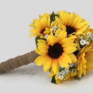 Wählen Sie BANDFARBE - Sonnenblume & Schleierkraut Braut / Brautjungfer Bouquet, Sonnenblumen-Blumenstrauß, Schleierkraut Strauß, Sonnenblume-Hochzeit