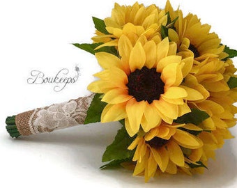 Sunflower Bouquet, Sunflower Bridesmaid / Bridal Bouquet with Burlap & Ivory Lace, Sunflower Bridal Bouquet, Sunflower Bridesmaid Bouquet
