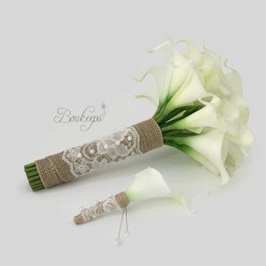 Choose Calla Lily Color - White Ivory Calla Lily Bouquet & Boutonniere with Burlap and Lace, Calla Lily Bridal Bouquet, Bridesmaid, Wedding