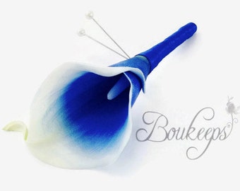 CHOOSE RIBBON COLOR - Real Touch Royal Blue Calla Lily Boutonniere, Calla Lily Boutonniere, Royal Blue Calla Lily Boutonniere, Picasso Royal