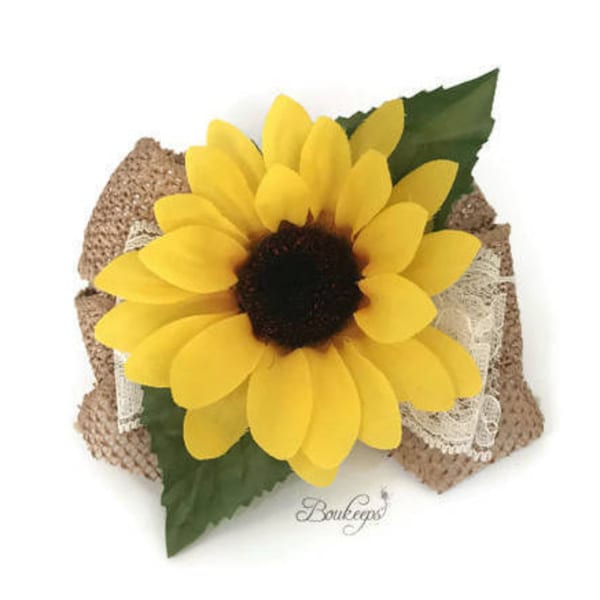 Sunflower Corsage with Burlap Bow and Ivory Lace, Sunflower Corsage, Sunflower Wedding, Rustic Wedding, Country Wedding, Wristlet Corsage