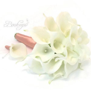CHOOSE RIBBON COLOR - White Ivory Calla Lily Bouquet and Boutonniere, Real Touch White Calla Lily Bouquet and Boutonniere, Bridal, Wedding