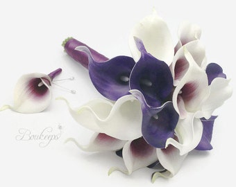 CHOOSE RIBBON COLOR - Calla Lily Bouquet, Purple and White Calla Lily Bouquet and Boutonniere, Real Touch Bouquet, Purple Bridal Bouquet