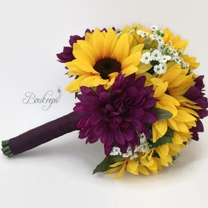 CHOOSE RIBBON COLOR - Sunflower, Baby&#39;s Breath & Mum Bridal / Bridesmaid Bouquet, Sunflower Bouquet, Baby&#39;s Breath Bouquet, Purple Flower