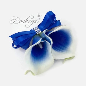 CHOOSE RIBBON COLOR - Royal Blue Calla Lily Corsage, Calla Lily Corsage, Royal Blue Corsage, Picasso Royal Blue Corsage, Wedding, Wristlet