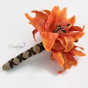 Tiger Lily Bouquet, Orange Lily Bouquet, Orange Tiger Lily, Burlap, Tan, Brown, Orange Bouquet, Bridal Bouquet, Bridesmaid Bouquet, Wedding
