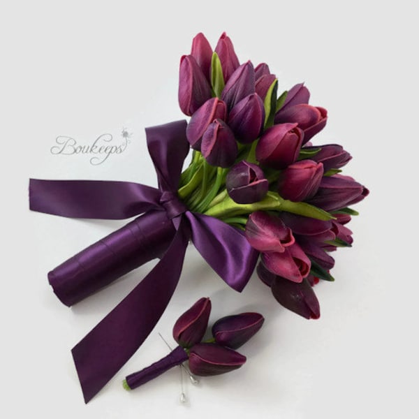 CHOOSE RIBBON COLOR - Purple Tulip Bouquet and Boutonniere, Real Touch Purple Tulip Bouquet and Boutonniere, Purple Tulip Bouquet, Bridal
