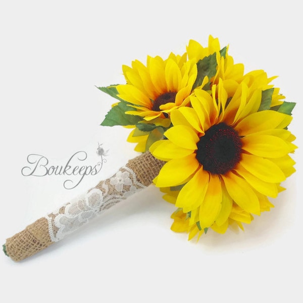 Sunflower Bouquet with Burlap and Ivory Lace, Sunflower Bridal Bouquet, Flower Girl Bouquet, Toss Bouquet, Sunflower Wedding, Sunflowers